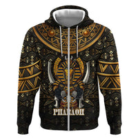 Pharaoh King Tut Egypt Zip Hoodie with Hieroglyphic Gold Pattern