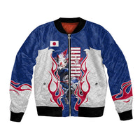 Personalized Japan Football Kitsune Mascot Bomber Jacket Samurai Blue Chrysanthemum Flame