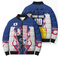 Personalized Japan Football Kitsune Mascot Bomber Puffer Jacket Samurai Blue Chrysanthemum Flame