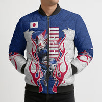 Personalized Japan Football Kitsune Mascot Bomber Puffer Jacket Samurai Blue Chrysanthemum Flame