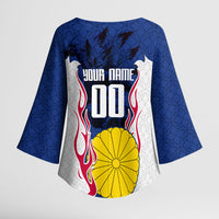 Personalized Japan Football Kitsune Mascot Kimono Sleeve Blouse Samurai Blue Chrysanthemum Flame