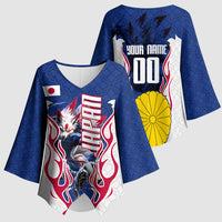 Personalized Japan Football Kitsune Mascot Kimono Sleeve Blouse Samurai Blue Chrysanthemum Flame