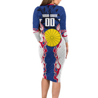 Personalized Japan Football Kitsune Mascot Long Sleeve Bodycon Dress Samurai Blue Chrysanthemum Flame