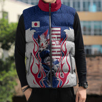 Personalized Japan Football Kitsune Mascot Sleeveless Puffer Jacket Samurai Blue Chrysanthemum Flame