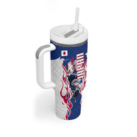 Personalized Japan Football Kitsune Mascot Tumbler With Handle Samurai Blue Chrysanthemum Flame