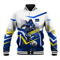 Personalized Curacao Football Marlin Mascot Baseball Jacket Caribbean Flag Colors Geometric Blue