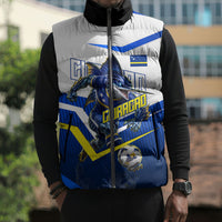 Personalized Curacao Football Marlin Mascot Sleeveless Puffer Jacket Caribbean Flag Colors Geometric Blue