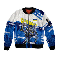 Personalized Curacao Football Sleeve Zip Bomber Jacket Marlin Mascot Blue National Flag Accents