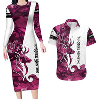 Pink Camo Customize Name Deer Hunting Couples Matching Long Sleeve Bodycon Dress and Hawaiian Shirt Tribal Buck Silhouette - Wonder Print Shop