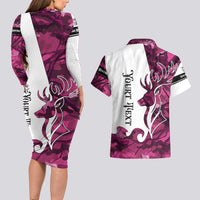 Pink Camo Customize Name Deer Hunting Couples Matching Long Sleeve Bodycon Dress and Hawaiian Shirt Tribal Buck Silhouette - Wonder Print Shop