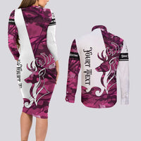 Pink Camo Customize Name Deer Hunting Couples Matching Long Sleeve Bodycon Dress and Long Sleeve Button Shirt Tribal Buck Silhouette - Wonder Print Shop