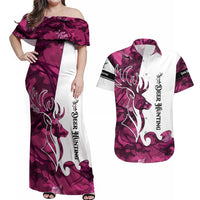 Pink Camo Customize Name Deer Hunting Couples Matching Off Shoulder Maxi Dress and Hawaiian Shirt Tribal Buck Silhouette - Wonder Print Shop