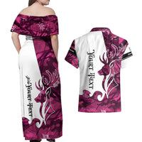 Pink Camo Customize Name Deer Hunting Couples Matching Off Shoulder Maxi Dress and Hawaiian Shirt Tribal Buck Silhouette - Wonder Print Shop