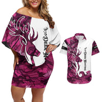 Pink Camo Customize Name Deer Hunting Couples Matching Off Shoulder Short Dress and Hawaiian Shirt Tribal Buck Silhouette - Wonder Print Shop