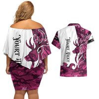 Pink Camo Customize Name Deer Hunting Couples Matching Off Shoulder Short Dress and Hawaiian Shirt Tribal Buck Silhouette - Wonder Print Shop