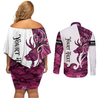 Pink Camo Customize Name Deer Hunting Couples Matching Off Shoulder Short Dress and Long Sleeve Button Shirt Tribal Buck Silhouette - Wonder Print Shop