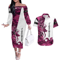 Pink Camo Customize Name Deer Hunting Couples Matching Off The Shoulder Long Sleeve Dress and Hawaiian Shirt Tribal Buck Silhouette - Wonder Print Shop