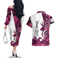 Pink Camo Customize Name Deer Hunting Couples Matching Off The Shoulder Long Sleeve Dress and Hawaiian Shirt Tribal Buck Silhouette - Wonder Print Shop