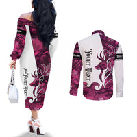 Pink Camo Customize Name Deer Hunting Couples Matching Off The Shoulder Long Sleeve Dress and Long Sleeve Button Shirt Tribal Buck Silhouette - Wonder Print Shop