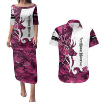 Pink Camo Customize Name Deer Hunting Couples Matching Puletasi and Hawaiian Shirt Tribal Buck Silhouette - Wonder Print Shop