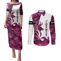 Pink Camo Customize Name Deer Hunting Couples Matching Puletasi and Long Sleeve Button Shirt Tribal Buck Silhouette - Wonder Print Shop
