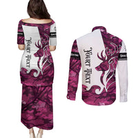 Pink Camo Customize Name Deer Hunting Couples Matching Puletasi and Long Sleeve Button Shirt Tribal Buck Silhouette - Wonder Print Shop