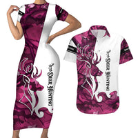 Pink Camo Customize Name Deer Hunting Couples Matching Short Sleeve Bodycon Dress and Hawaiian Shirt Tribal Buck Silhouette - Wonder Print Shop