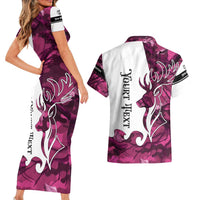 Pink Camo Customize Name Deer Hunting Couples Matching Short Sleeve Bodycon Dress and Hawaiian Shirt Tribal Buck Silhouette - Wonder Print Shop