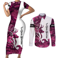 Pink Camo Customize Name Deer Hunting Couples Matching Short Sleeve Bodycon Dress and Long Sleeve Button Shirt Tribal Buck Silhouette - Wonder Print Shop