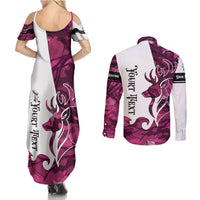Pink Camo Customize Name Deer Hunting Couples Matching Summer Maxi Dress and Long Sleeve Button Shirt Tribal Buck Silhouette - Wonder Print Shop