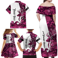 Pink Camo Customize Name Deer Hunting Family Matching Off Shoulder Maxi Dress and Hawaiian Shirt Tribal Buck Silhouette - Wonder Print Shop