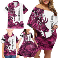 Pink Camo Customize Name Deer Hunting Family Matching Off Shoulder Short Dress and Hawaiian Shirt Tribal Buck Silhouette - Wonder Print Shop