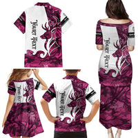 Pink Camo Customize Name Deer Hunting Family Matching Puletasi and Hawaiian Shirt Tribal Buck Silhouette - Wonder Print Shop