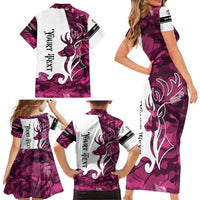 Pink Camo Customize Name Deer Hunting Family Matching Short Sleeve Bodycon Dress and Hawaiian Shirt Tribal Buck Silhouette - Wonder Print Shop