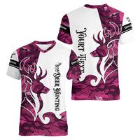 Pink Camo Customize Name Deer Hunting Women V-Neck T-Shirt Tribal Buck Silhouette - Wonder Print Shop