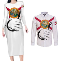 Flag Florida Fishing Couples Matching Long Sleeve Bodycon Dress and Long Sleeve Button Shirt Fish Hook Rip Detail and Custom Name Red Accent Design - Wonder Print Shop