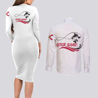 Flag Florida Fishing Couples Matching Long Sleeve Bodycon Dress and Long Sleeve Button Shirt Fish Hook Rip Detail and Custom Name Red Accent Design - Wonder Print Shop