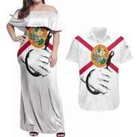 Flag Florida Fishing Couples Matching Off Shoulder Maxi Dress and Hawaiian Shirt Fish Hook Rip Detail and Custom Name Red Accent Design - Wonder Print Shop