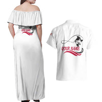 Flag Florida Fishing Couples Matching Off Shoulder Maxi Dress and Hawaiian Shirt Fish Hook Rip Detail and Custom Name Red Accent Design - Wonder Print Shop