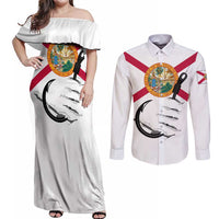 Flag Florida Fishing Couples Matching Off Shoulder Maxi Dress and Long Sleeve Button Shirt Fish Hook Rip Detail and Custom Name Red Accent Design - Wonder Print Shop