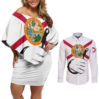 Flag Florida Fishing Couples Matching Off Shoulder Short Dress and Long Sleeve Button Shirt Fish Hook Rip Detail and Custom Name Red Accent Design - Wonder Print Shop