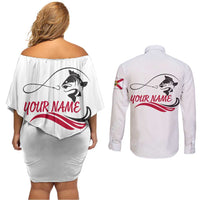 Flag Florida Fishing Couples Matching Off Shoulder Short Dress and Long Sleeve Button Shirt Fish Hook Rip Detail and Custom Name Red Accent Design - Wonder Print Shop