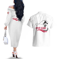 Flag Florida Fishing Couples Matching Off The Shoulder Long Sleeve Dress and Hawaiian Shirt Fish Hook Rip Detail and Custom Name Red Accent Design - Wonder Print Shop