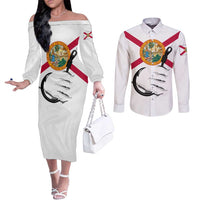 Flag Florida Fishing Couples Matching Off The Shoulder Long Sleeve Dress and Long Sleeve Button Shirt Fish Hook Rip Detail and Custom Name Red Accent Design - Wonder Print Shop