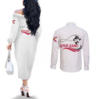 Flag Florida Fishing Couples Matching Off The Shoulder Long Sleeve Dress and Long Sleeve Button Shirt Fish Hook Rip Detail and Custom Name Red Accent Design - Wonder Print Shop