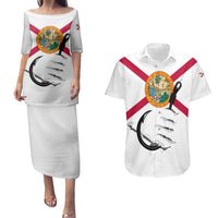 Flag Florida Fishing Couples Matching Puletasi and Hawaiian Shirt Fish Hook Rip Detail and Custom Name Red Accent Design - Wonder Print Shop