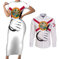 Flag Florida Fishing Couples Matching Short Sleeve Bodycon Dress and Long Sleeve Button Shirt Fish Hook Rip Detail and Custom Name Red Accent Design - Wonder Print Shop