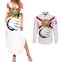 Flag Florida Fishing Couples Matching Summer Maxi Dress and Long Sleeve Button Shirt Fish Hook Rip Detail and Custom Name Red Accent Design - Wonder Print Shop