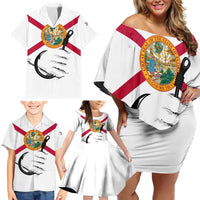 Flag Florida Fishing Family Matching Off Shoulder Short Dress and Hawaiian Shirt Fish Hook Rip Detail and Custom Name Red Accent Design - Wonder Print Shop