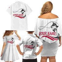 Flag Florida Fishing Family Matching Off Shoulder Short Dress and Hawaiian Shirt Fish Hook Rip Detail and Custom Name Red Accent Design - Wonder Print Shop